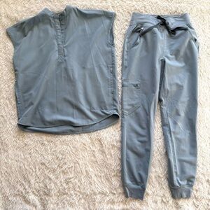 Figs Dusty Blue XXS Rafaela Oversized Top XXSP High Waist Zamora Joggers Scrubs